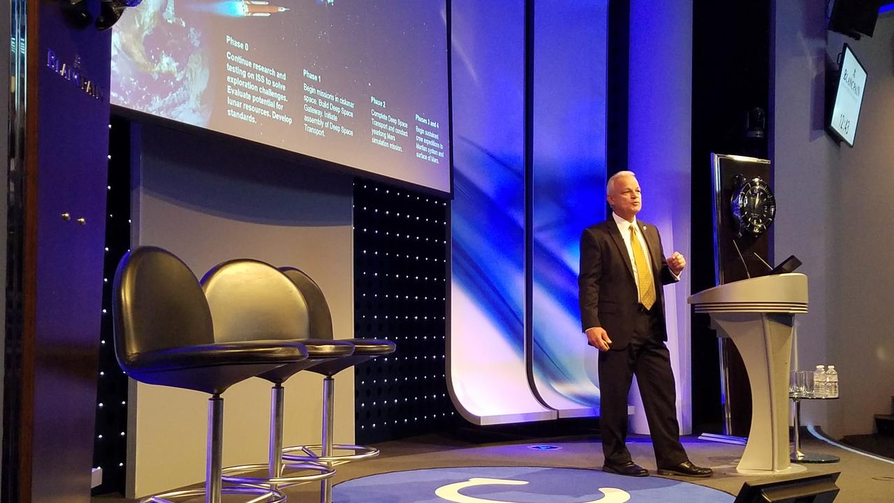 NASA Acting Chief Technologist Douglas Terrier delivers the keynote address at the CodeX Technology Conference in London on September 29, 2017.